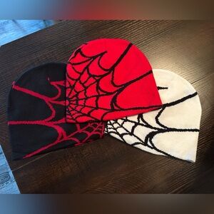 Spider Web Patterned Beanie Set - Red, Black, and White